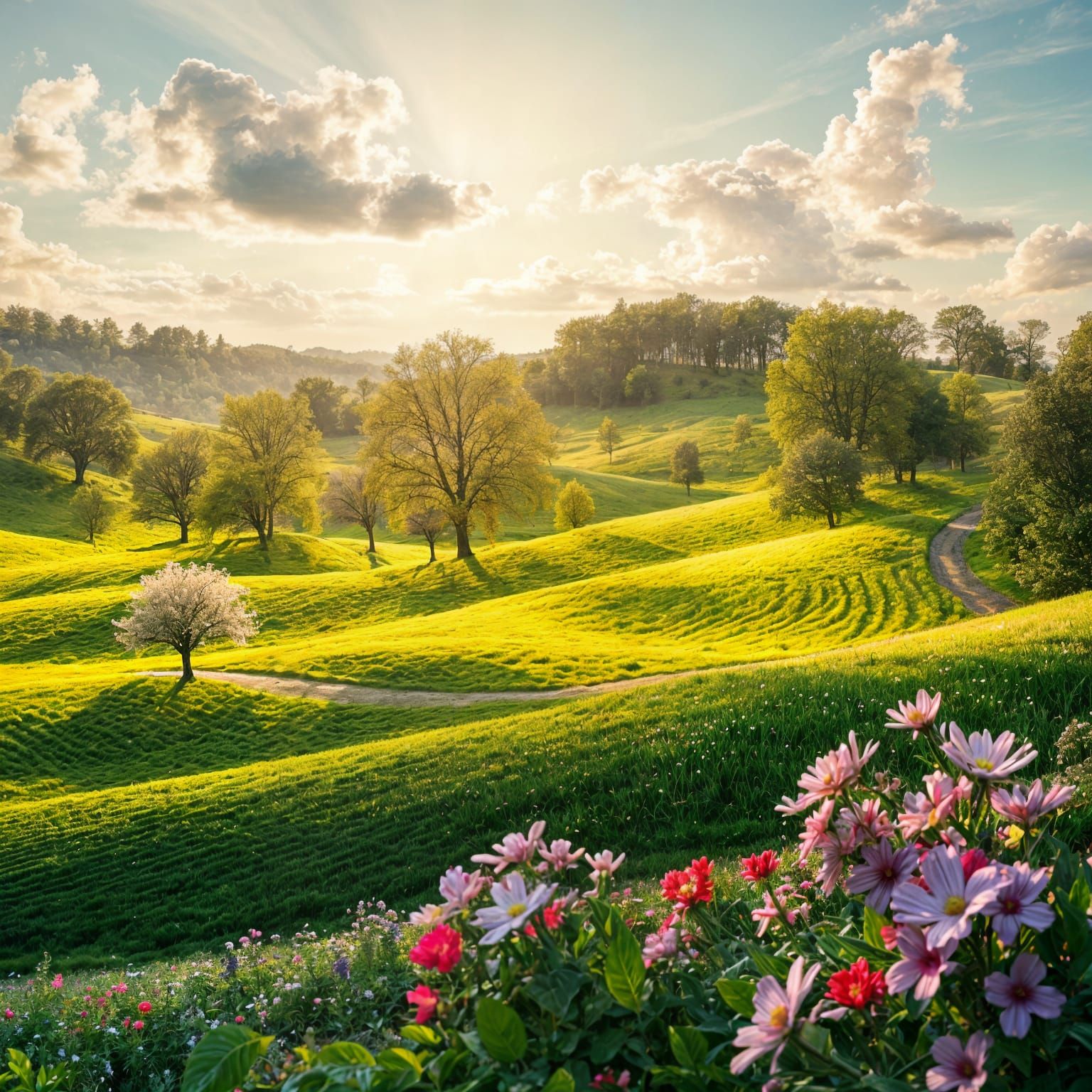Springtime Landscape with Blooming Trees and Green Hills in ...