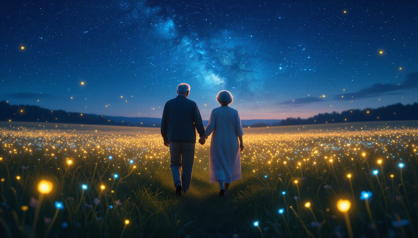Elderly Couple's Romantic Stroll Under Starry Night Sky