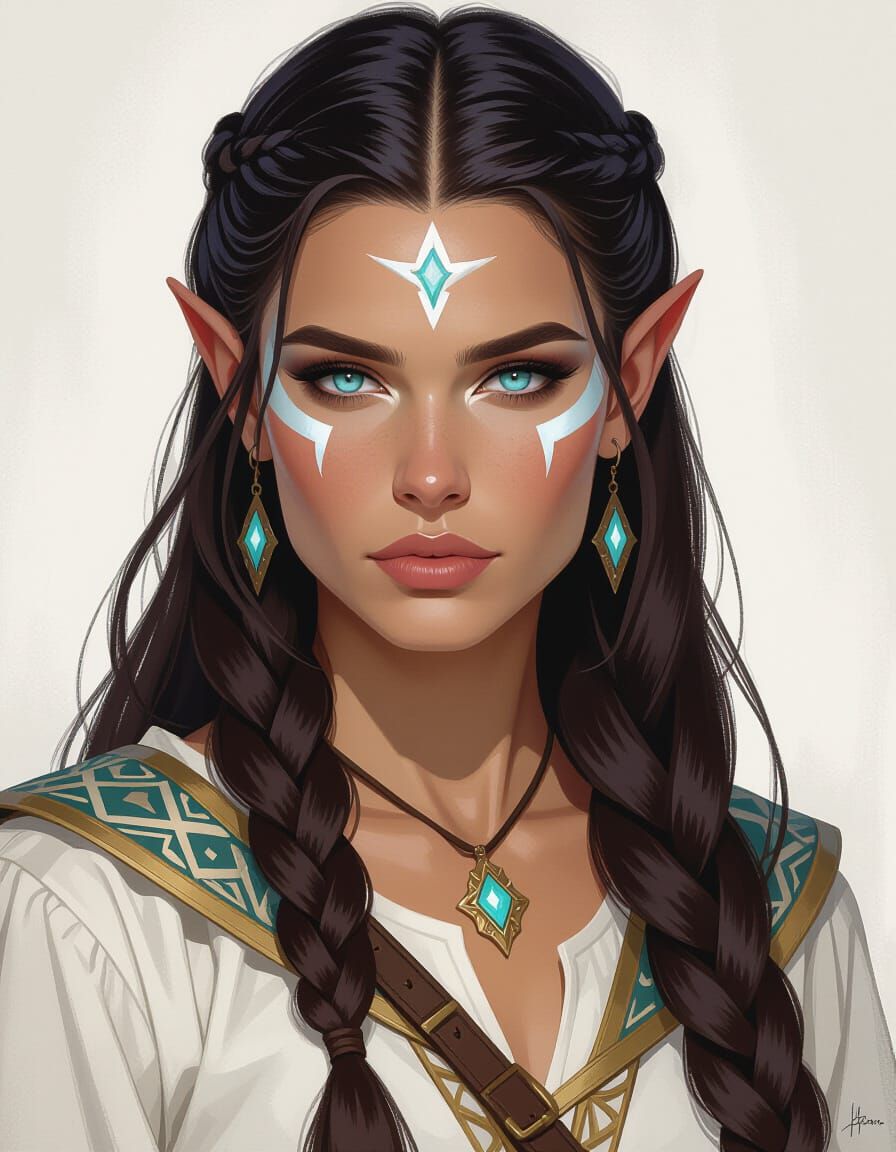 Elven Priestess Portrait in Oils with Luminous Eyes