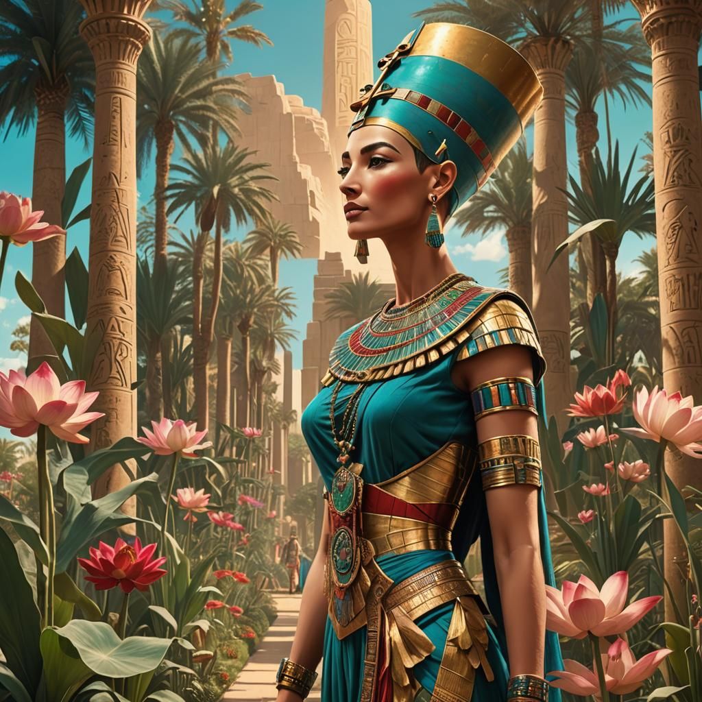Queen Nefertiti in Royal Garden: Fantasy Concept Art
