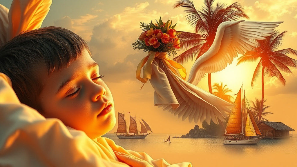 Dreamer's Oasis: Boy, Angel, and Island Dreamscape