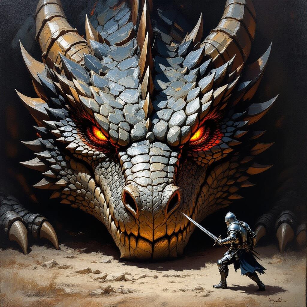 Knight Tiptoes Past Slumbering Dragon in Chiaroscuro Oil Pai...