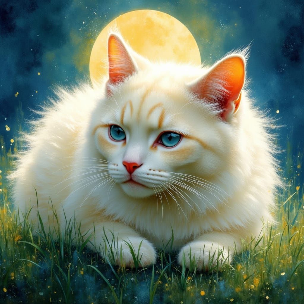 Himalayan Cat Stalking in Moonlit Abstract Landscape