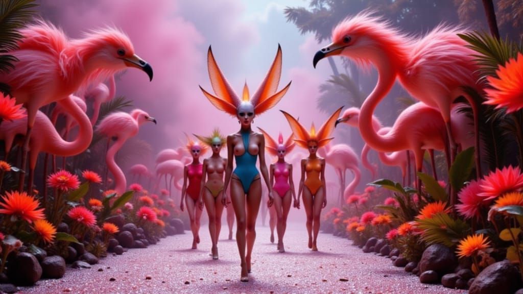 A high-fashion avant-garde runway scene, presented as a bold editorial fashion image with surreal styling and theatrical...