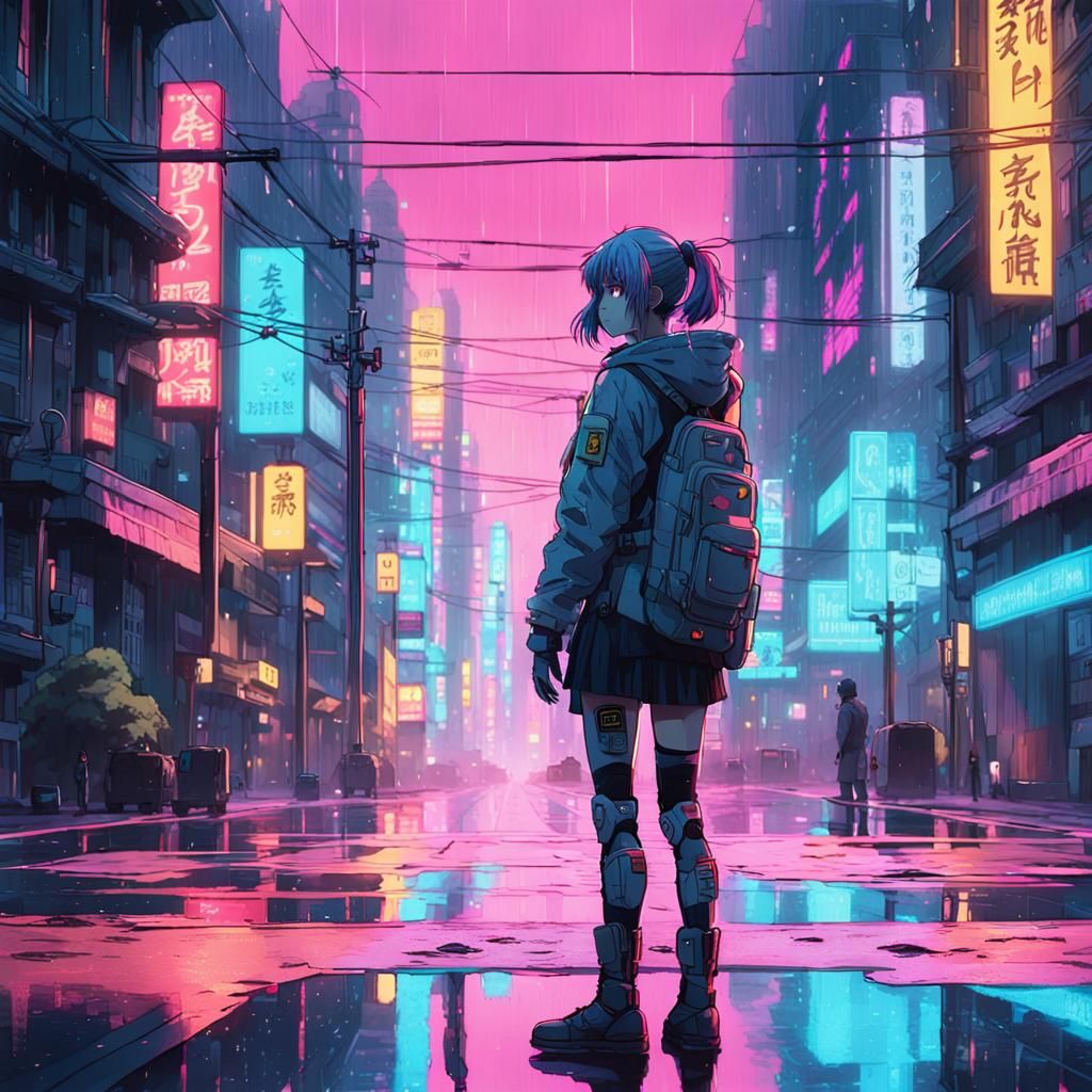 Cyborg in Neon City: Anime Ink Wash Style