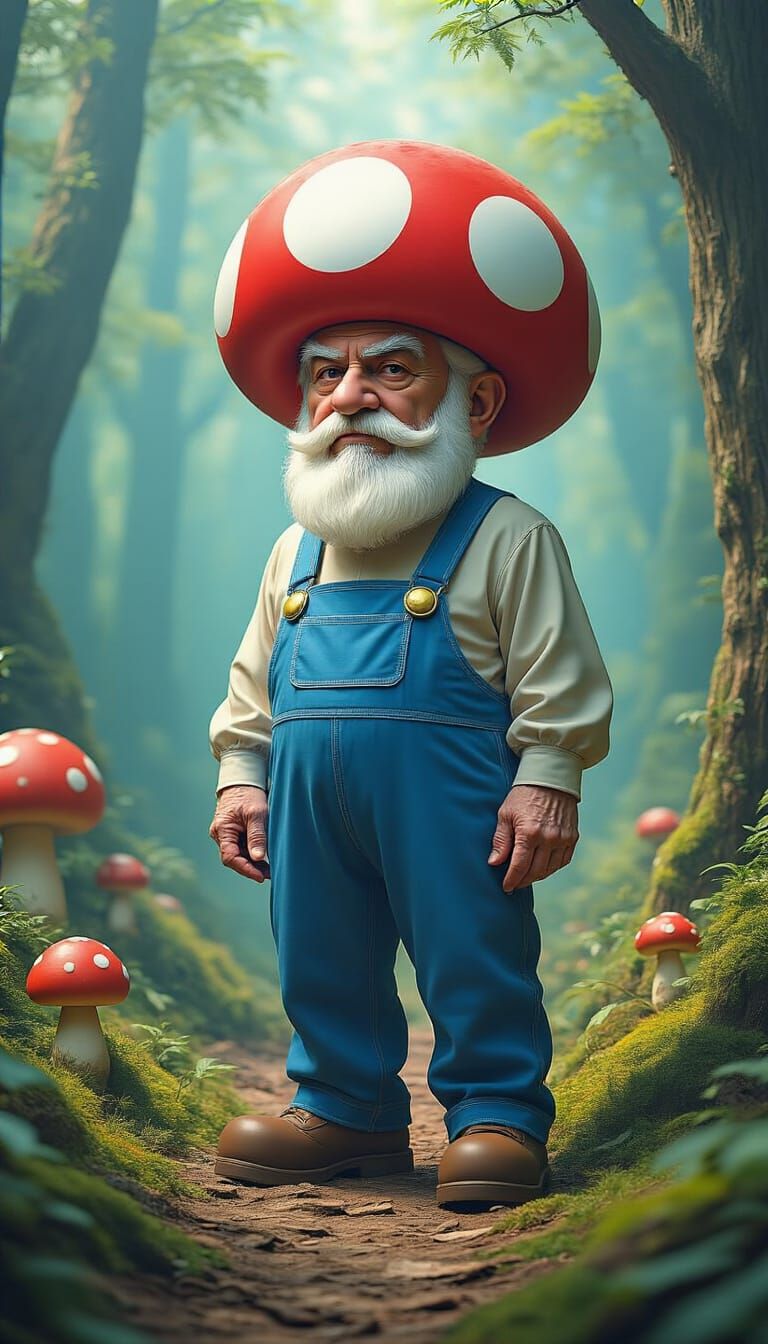 Ayatollah Khamenei as Super Mushroom in Whimsical Forest