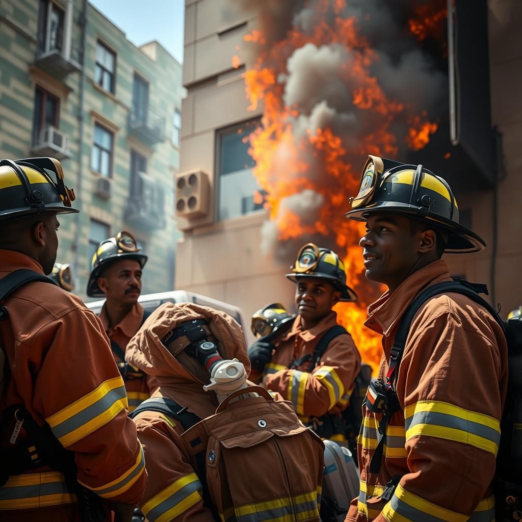 Firefighters at a Burning Building in Daylight
