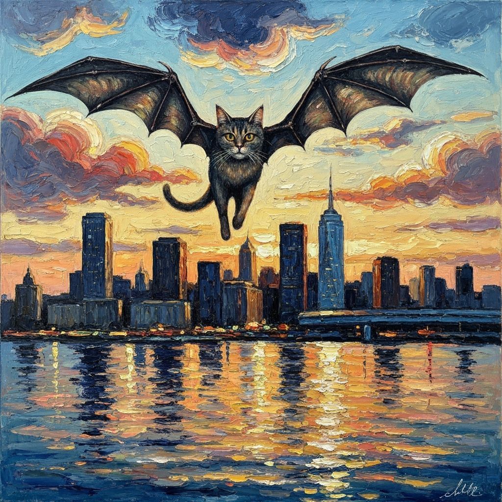 Bat-Winged Cat Soaring Over City, Impasto Style