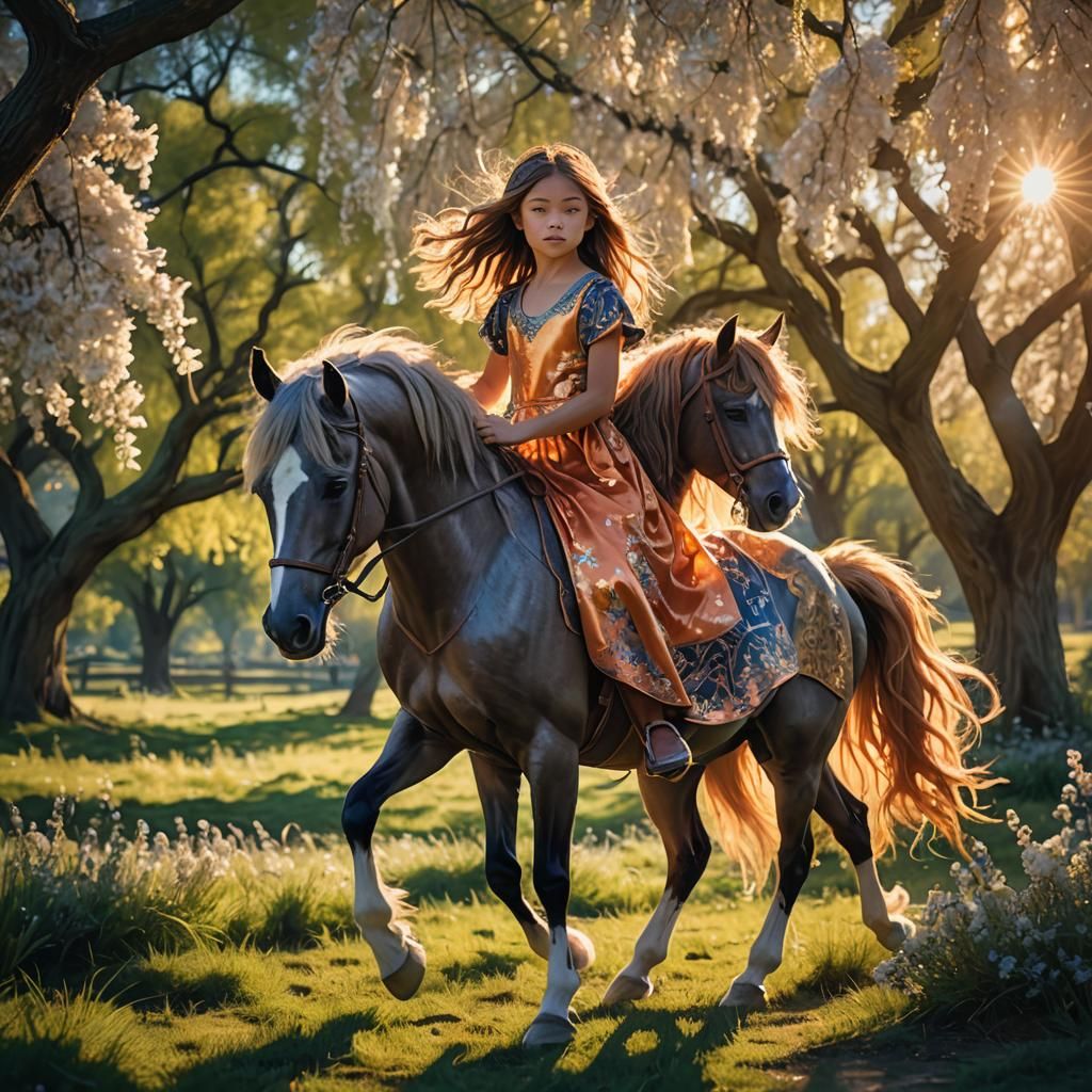 Girl and Horse Ride in Fantasy Landscape
