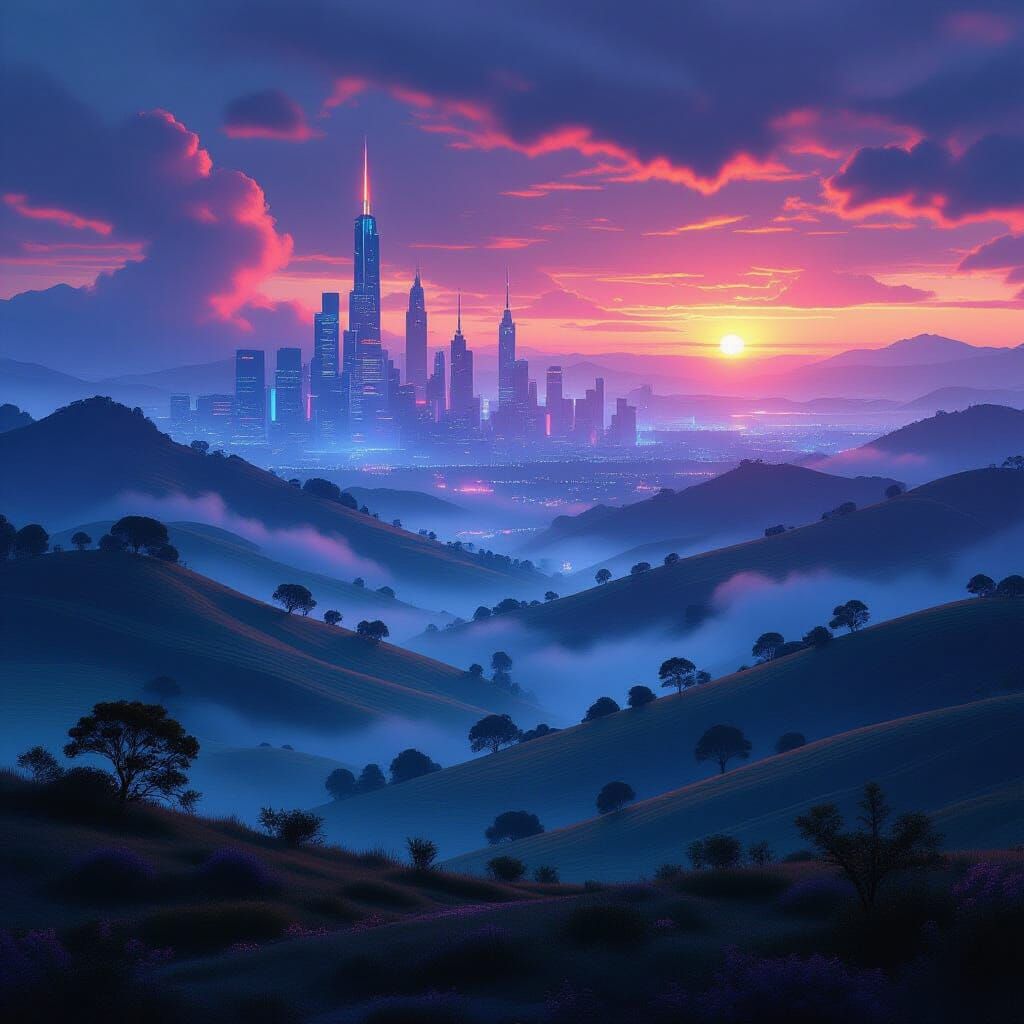 Surreal Cyberpunk Landscape with Neon Lights and Mist