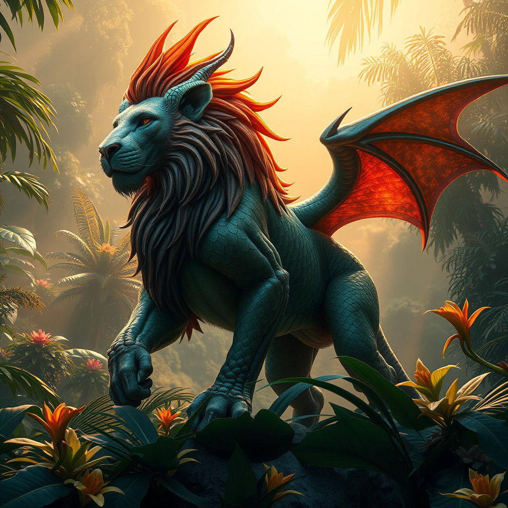 Lion Dragon Hybrid in Amazon Jungle, Matte Painting