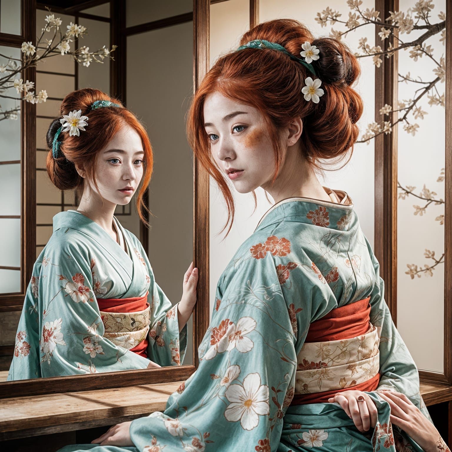 Ethereal Redheaded Geisha Before A Mirror