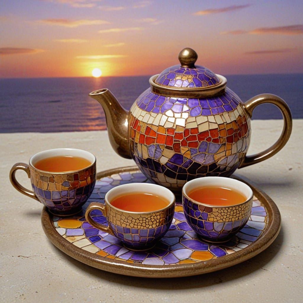 Kintsugi Mosaic Christmas Tea Set Amidst Sunset Glow