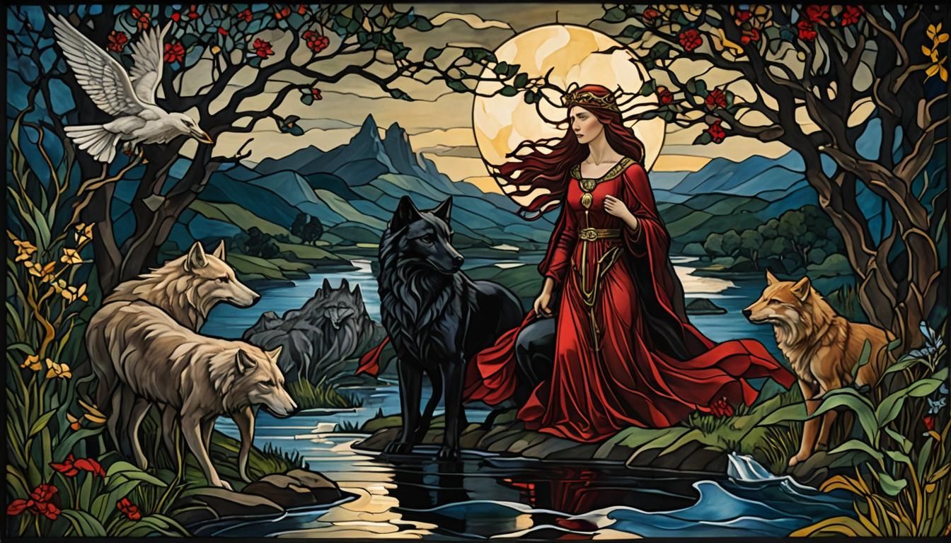 Celtic Goddess Stained Glass Window in Neo-Cubist Style