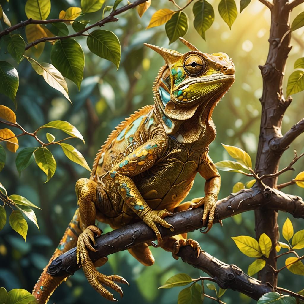 Golden Chameleon Portrait in Hyperrealistic Style
