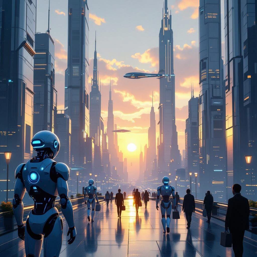 Futuristic Cityscape with Robots at Sunset