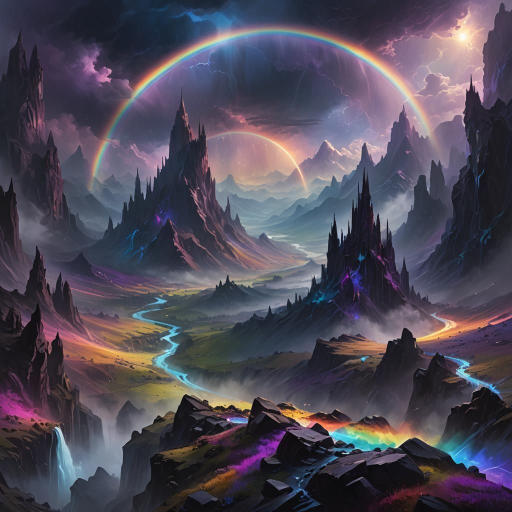 Rainbow Over Misty Valley in Oil Painting Style