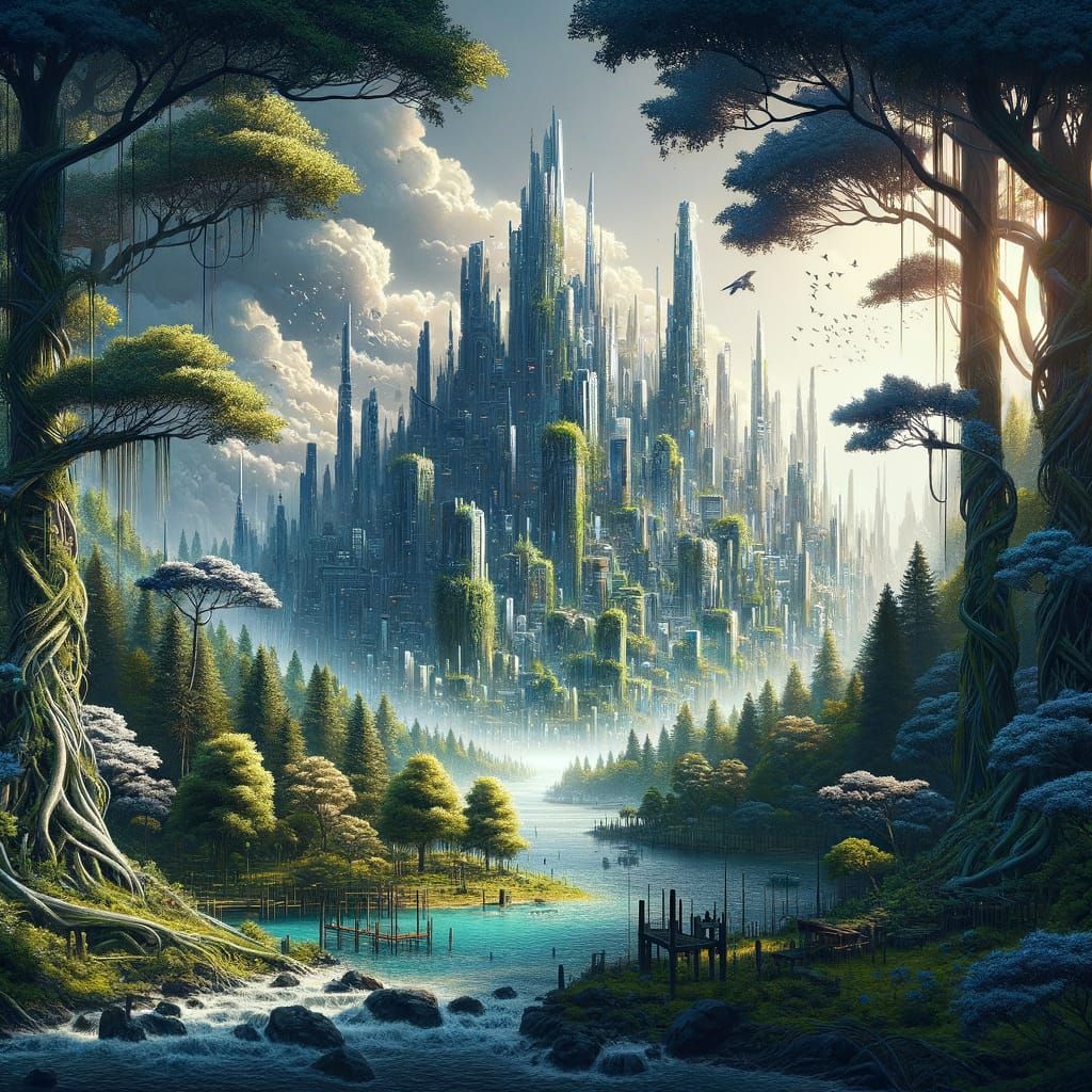 Serene Forest Transformed into a Futuristic Urban Metropolis
