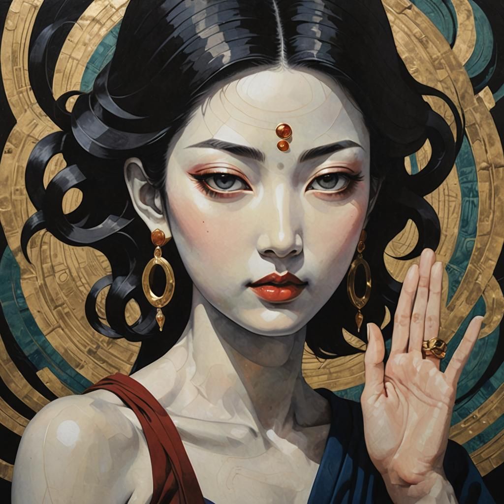 loose sensuous curves, mudras, Hindu and Buddhist iconography, collage art, blend textures and colors, art style of Kazu...