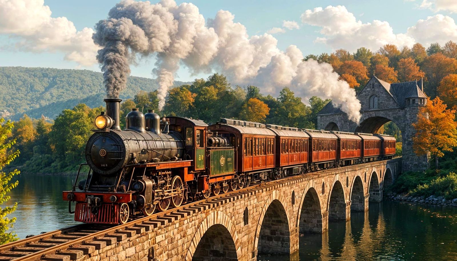 Autumn Train Journey on Stone Bridge