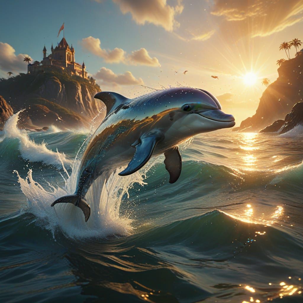 Dolphin Leaping from Water in Vibrant Oil Painting Style