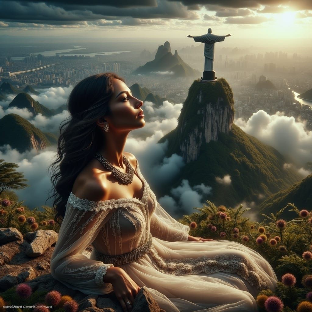 Surreal Brazilian Goddess Admires Art Deco Christ Statue Und...