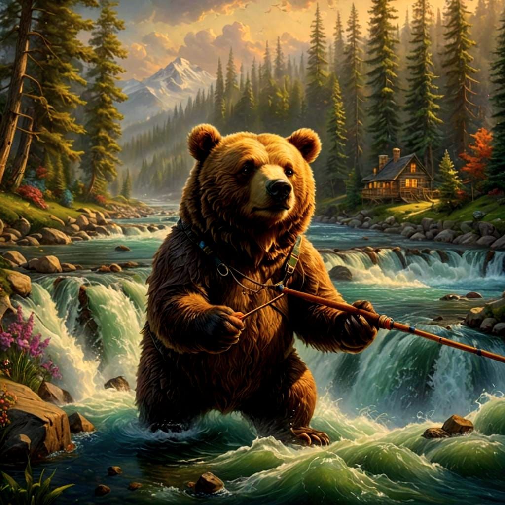 Cute Bear Fishing in Hyperrealistic Style
