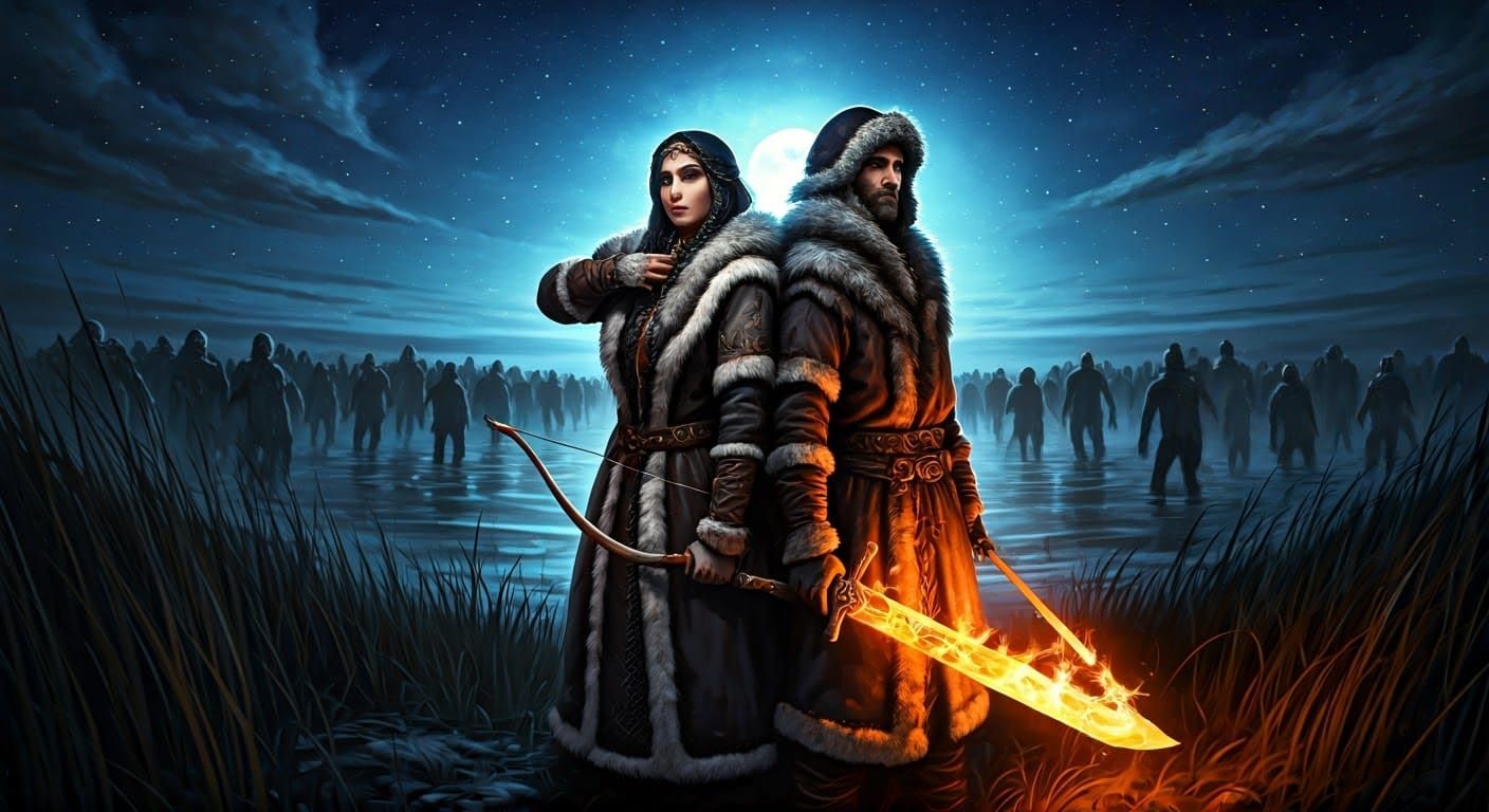 Couple Defends Against Undead Horde in Moonlit Swamp