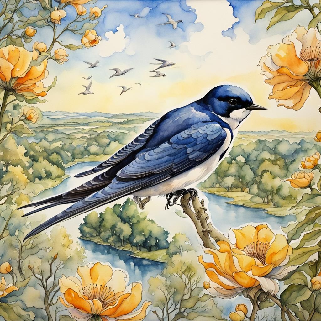 Swallow in Flight: Watercolor Landscape