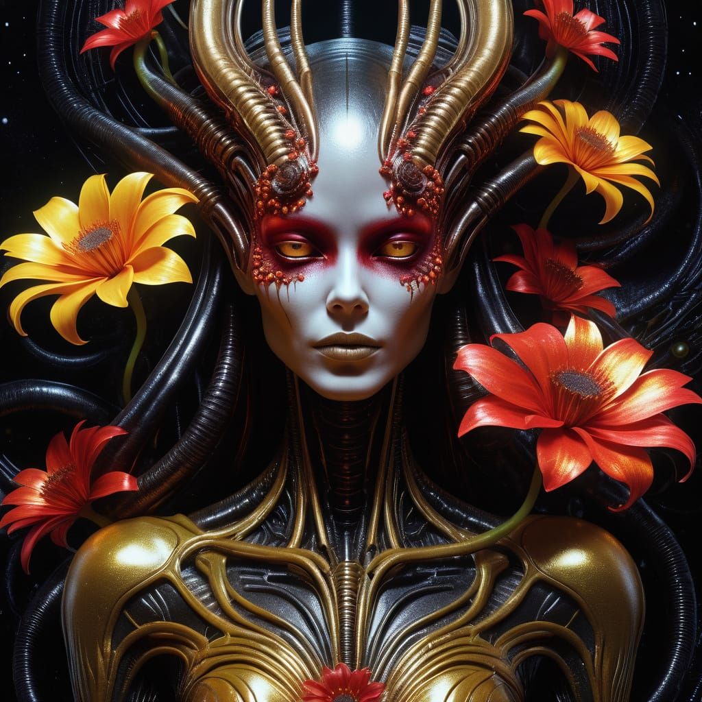 Alien Girl in Golden Dress, Giger Style