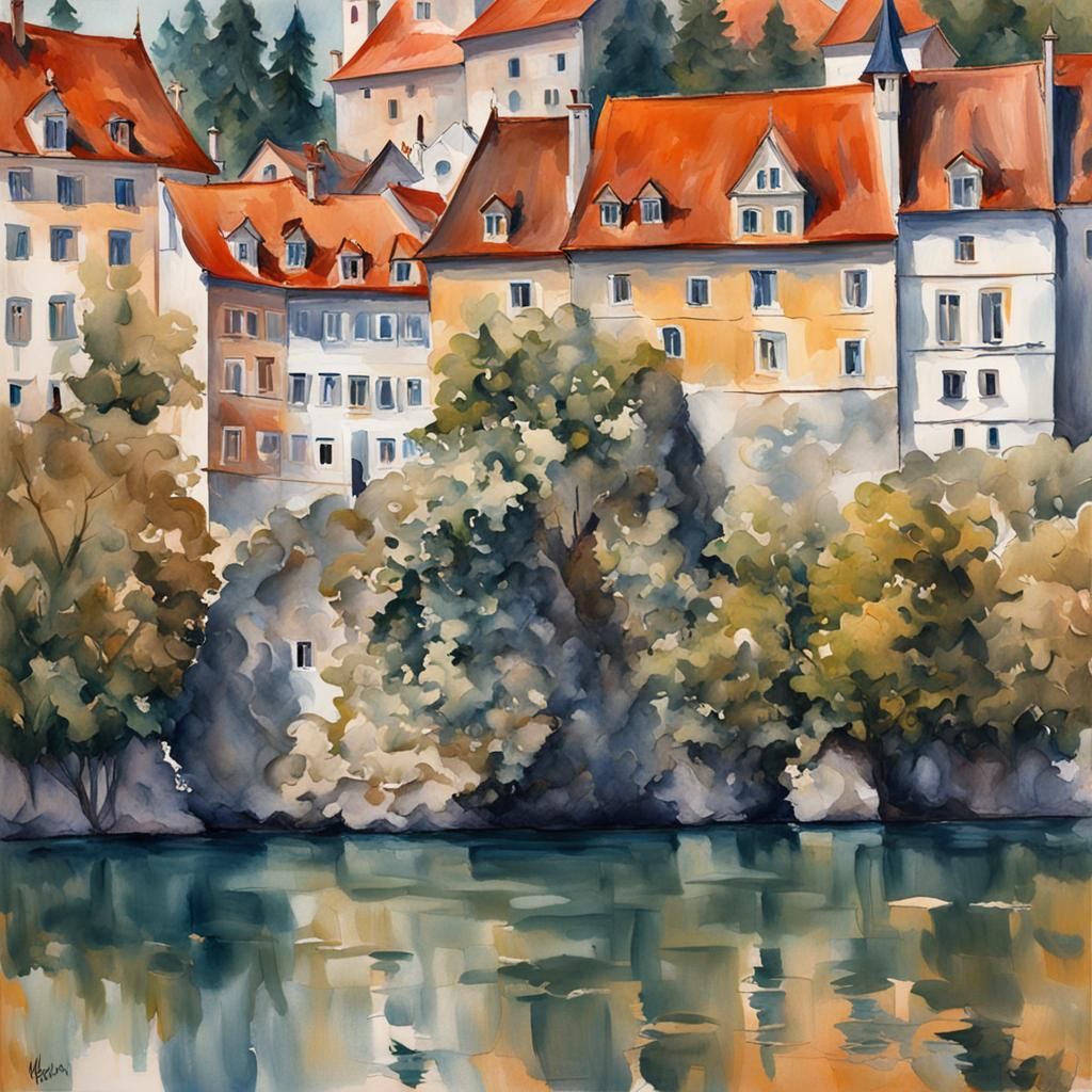 Sloup Rock Castle Reflected, Gouache Style