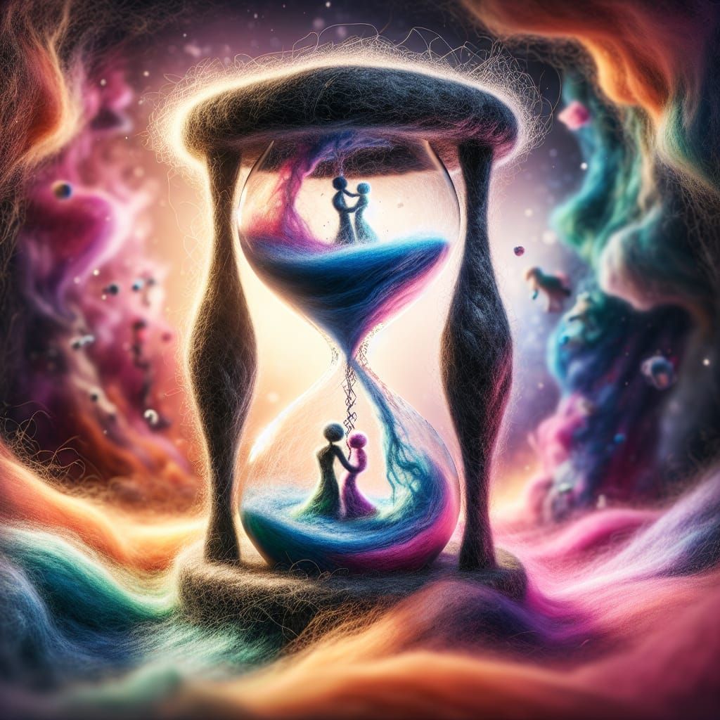 Vivid Felted Wool Hourglass with Fates in Delicate Black Sat...