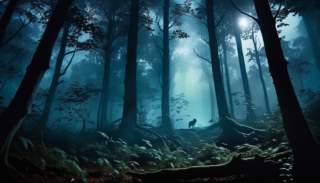 Mystical Creatures Gather in Dark Forest Clearing