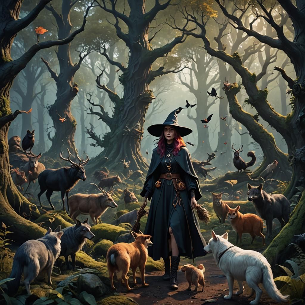 Enchanting Witch in Forest, Detailed Matte Painting