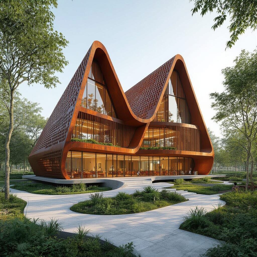 Futuristic Pyramidal School Design with Rusty Metal and Gree...