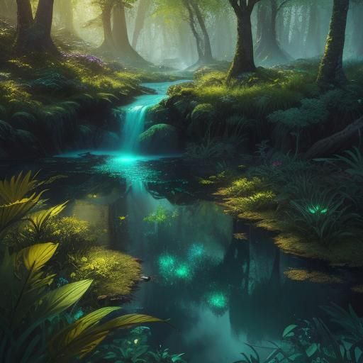 Woman in Emerald Dress in Mystical Forest