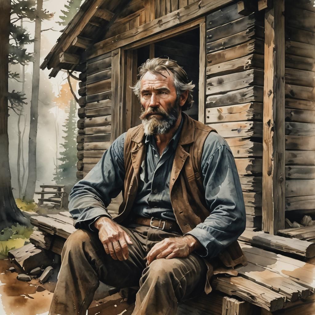 Watercolor Portrait of a Mountain Man in Woods