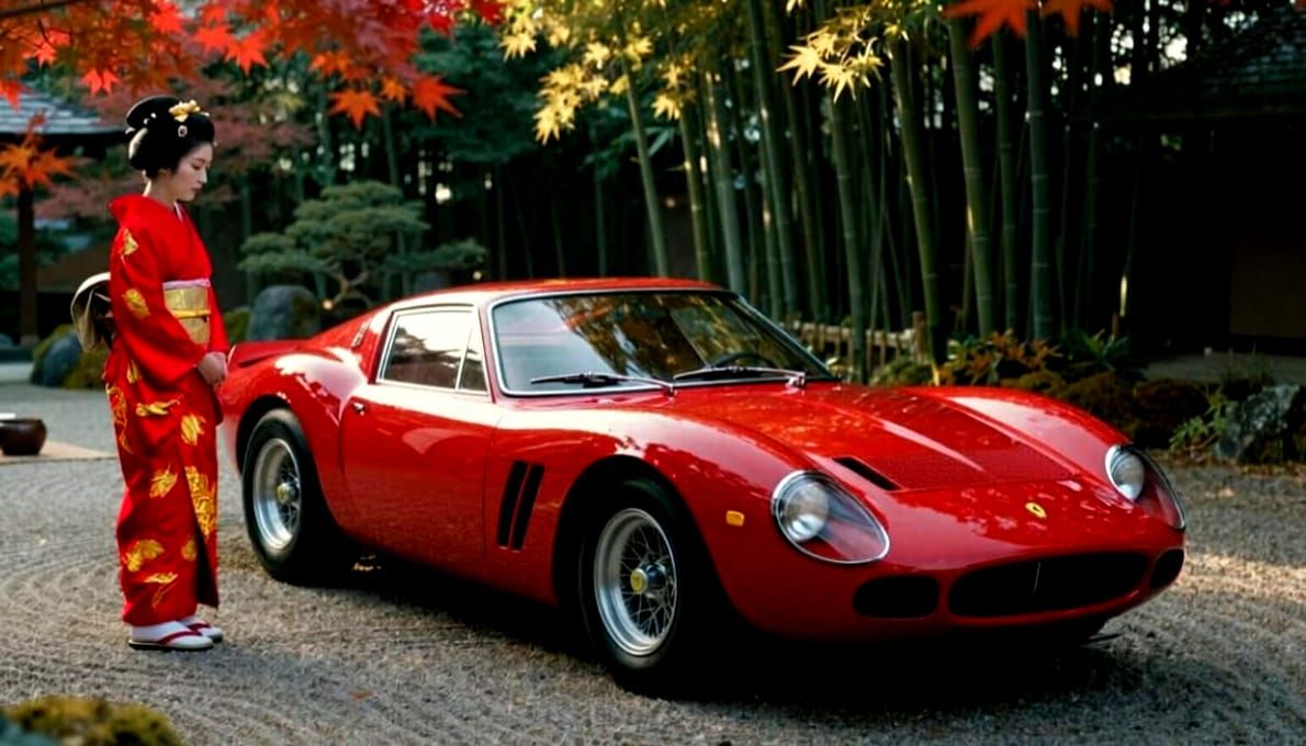 Red Ferrari 250 GTO in Serene Japanese Garden
