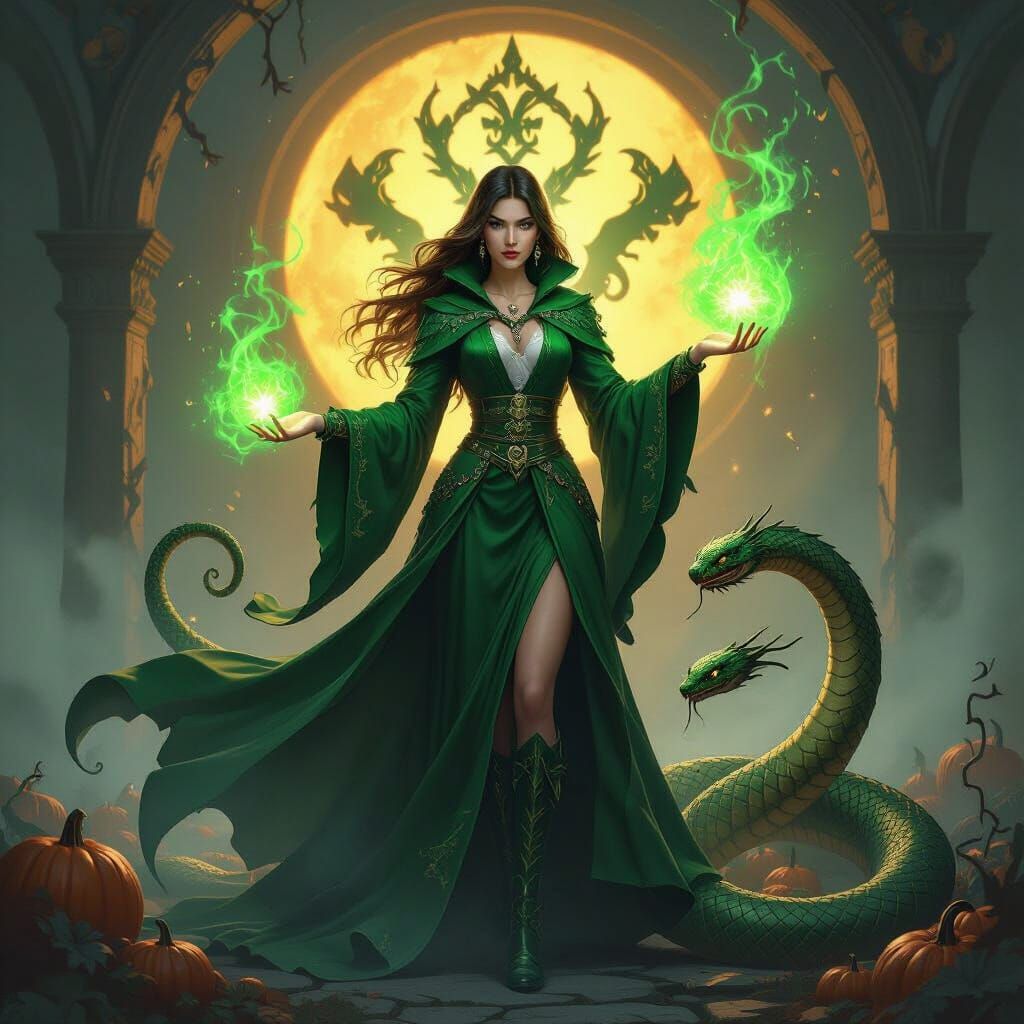 Slytherin Witch Conjures Green Magic on Halloween Night