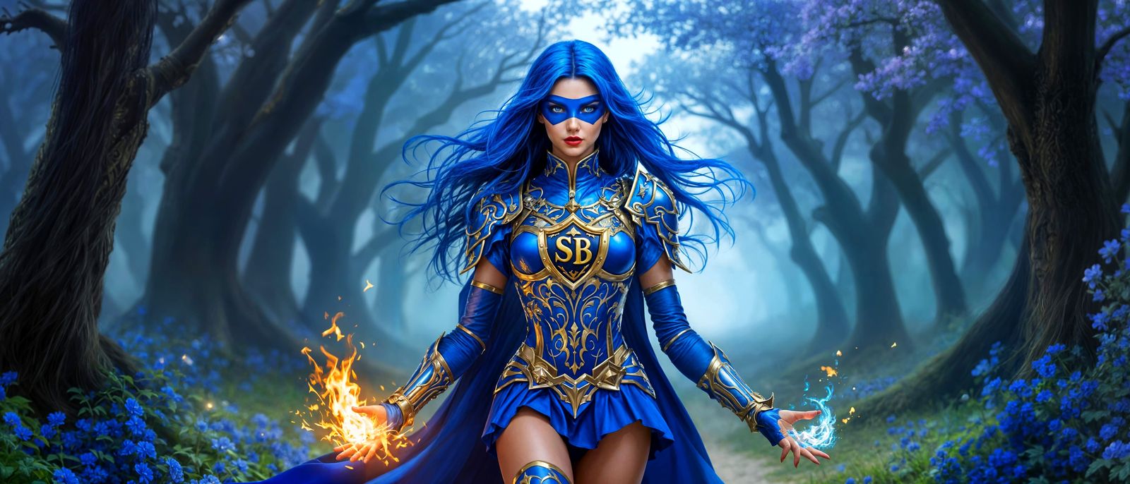 Stunning Blue Superheroine Walks Confidently Through Misty F...