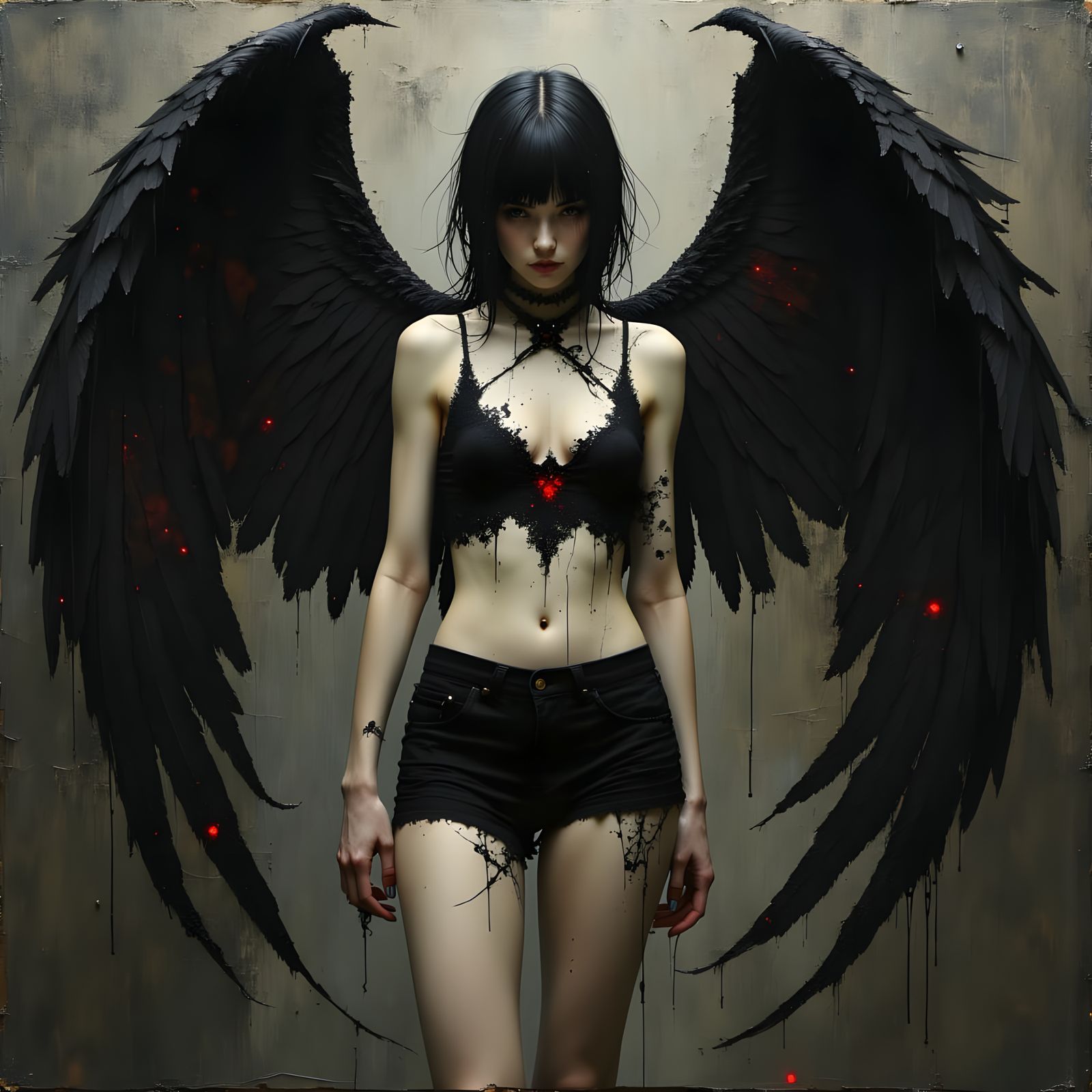Gothic Angel with Black Wings in Oil Paint Style