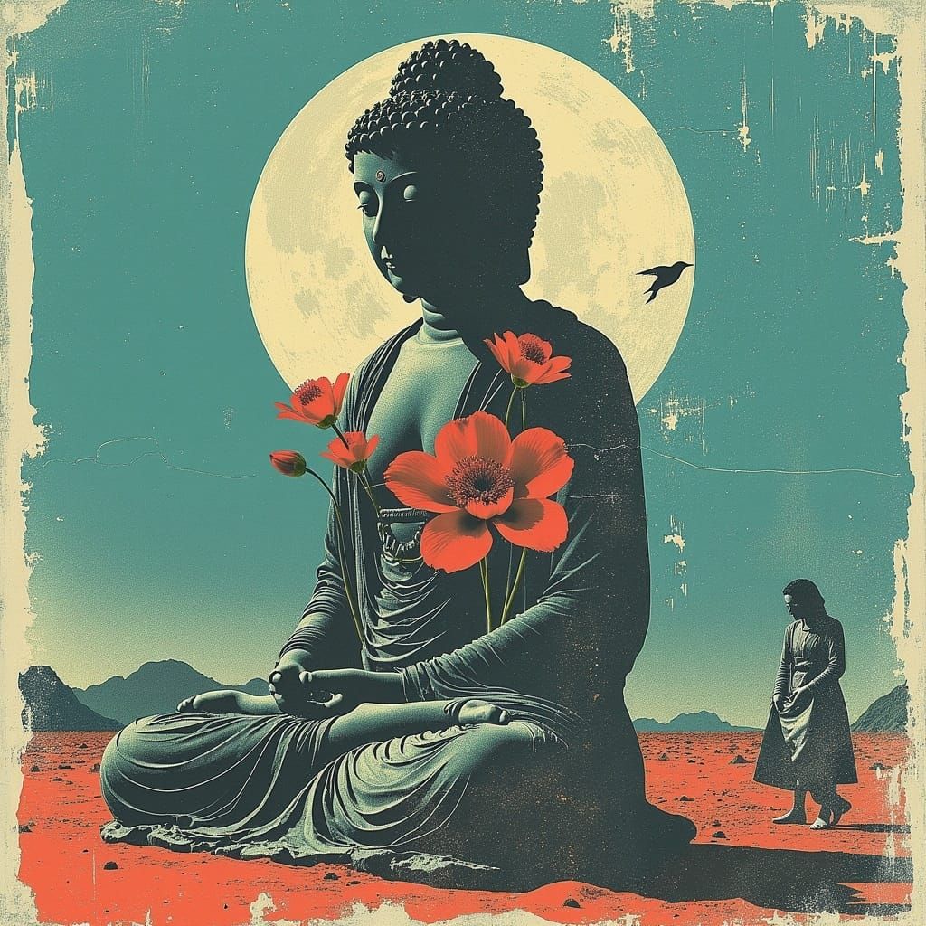 Abstract Post-Punk Buddha in Cyan