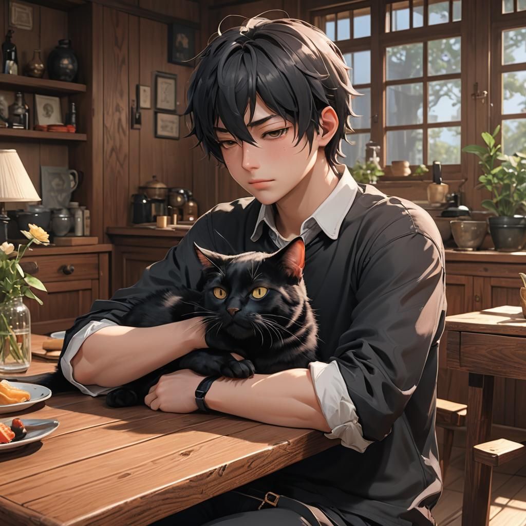 Black Cat Comforts Sleeping Boy: 3D Anime Art
