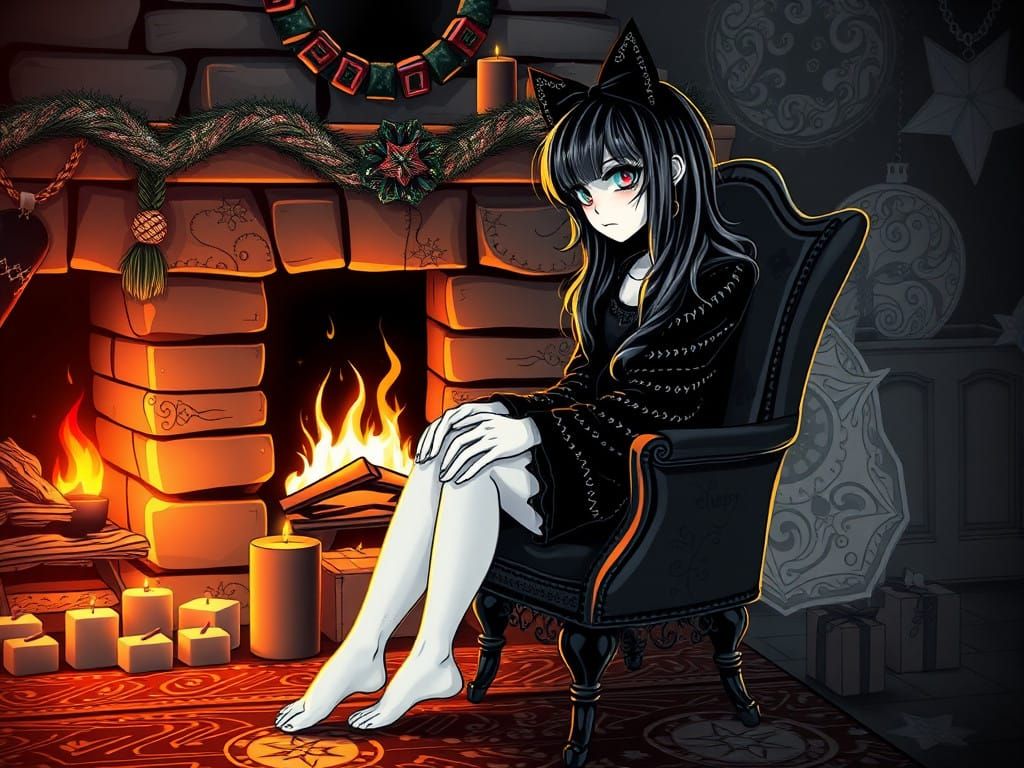 Whimsical Goth Girl Amidst Christmas Firelight