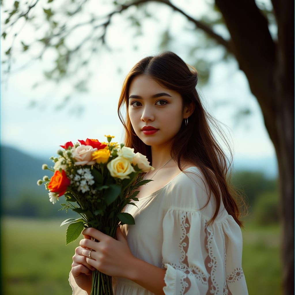 Cinematic Portrait of Young Woman with Bouquet