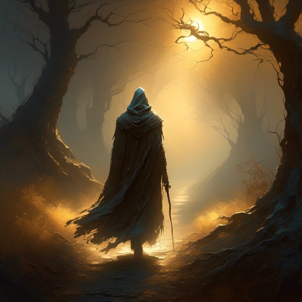 Mystical Figure Walks Through Ethereal Forest