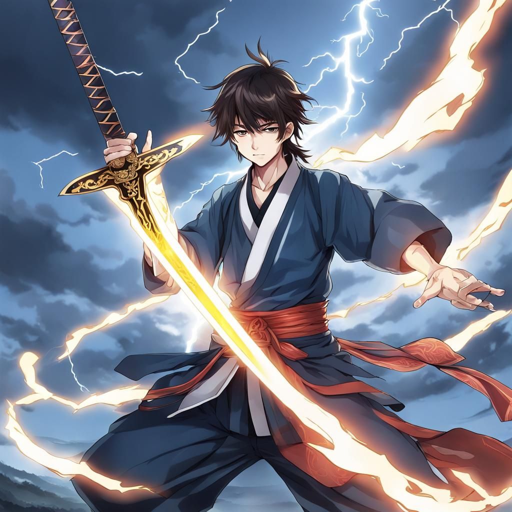Taoist Warrior Blocks Lightning Strike: Anime Style