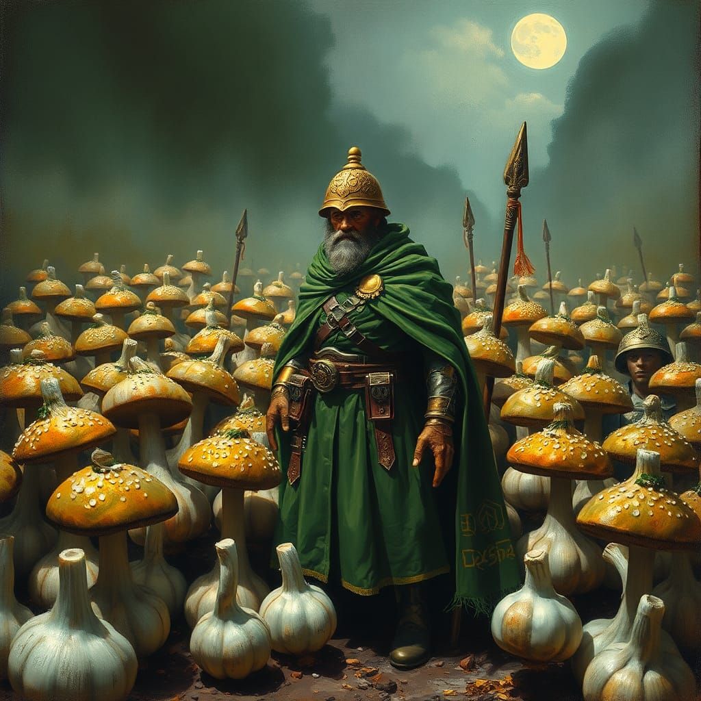 Broccoli Commander Leads Mushroom Army: Oil Painting
