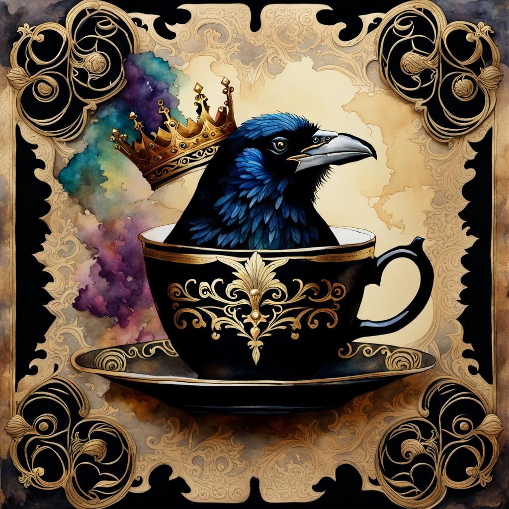 Crowned Raven King Drinking Tea: Watercolor Painting