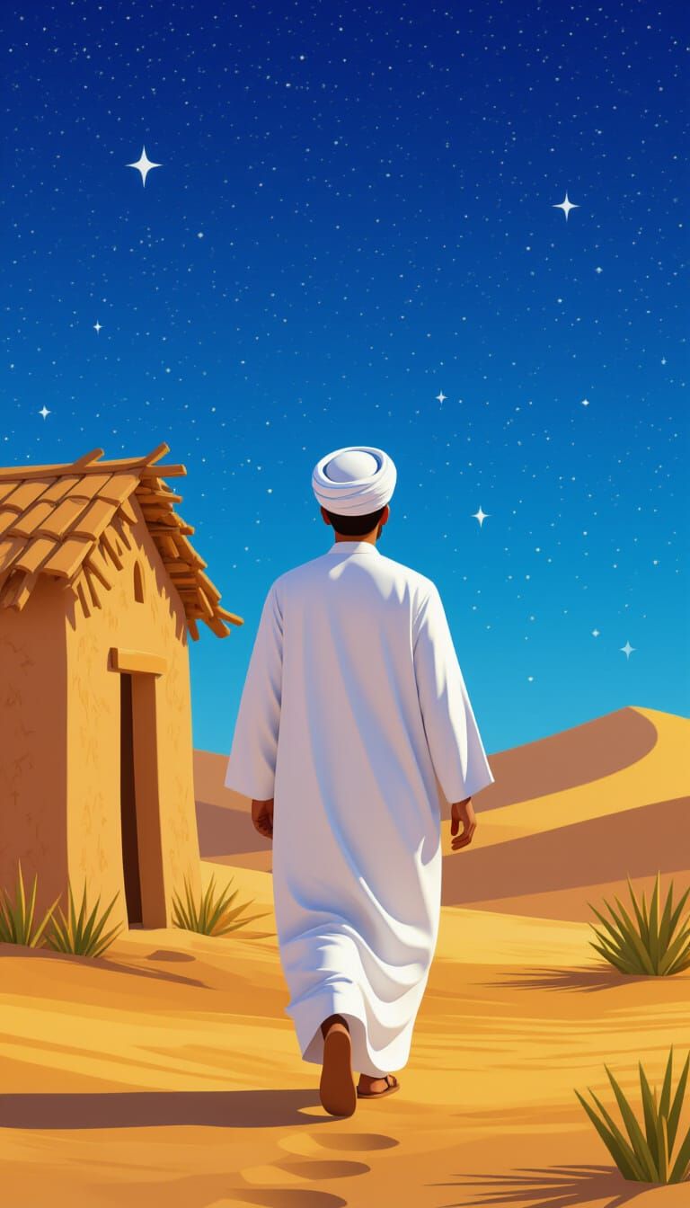 Grateful Man in Desert Night, 3D Cartoon Style